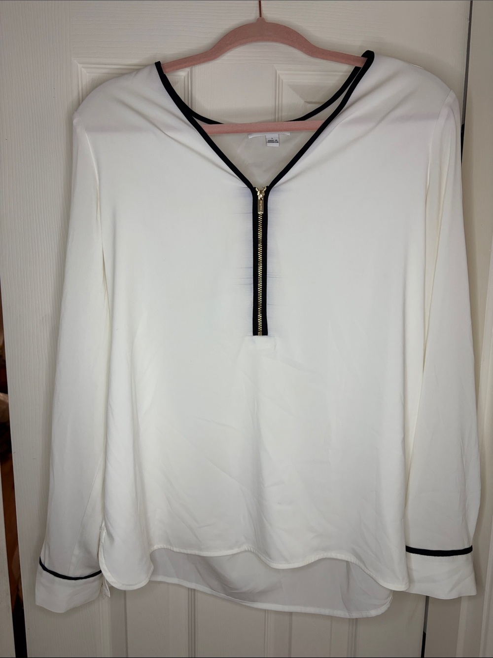 Calvin Klein White Long Sleeve Blouse with Black Trim and Front Zip